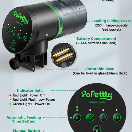 Papettly Automatic Fish Feeder for Aquarium - Battery Operated Auto Fish Food Dispenser for Fish Tank, 200ml Auto Timer Aquarium Tank Turtle Feeder, with 2 AAA Batteries and Fish Feeder Ring 🍁 All In One Marketplace Canada