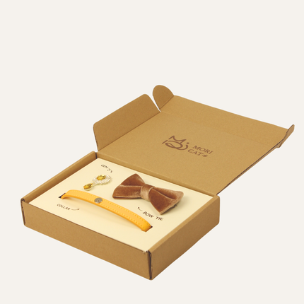 MoriCat Premium Gift Bundle Box with Teardrop Jewel in Citrine on Gold Collar with Golden Bowtie