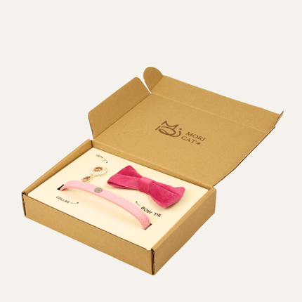 MoriCat Premium Gift Bundle Box with Teardrop Jewel in Rose on Pink Collar with Pink Bowtie