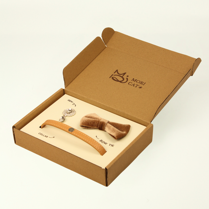 MoriCat Premium Gift Bundle Box with Teardrop Jewel in Crystal on Beige Collar with Golden Bowtie