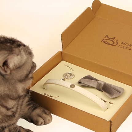 MoriCat Premium Gift Bundle Box with Teardrop Jewel in Crystal on White Collar with Silver Bowtie