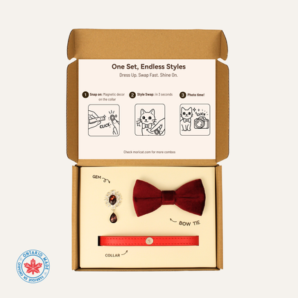MoriCat Premium Gift Bundle Box with Teardrop Jewel in Ruby on Red Collar with Red Bowtie