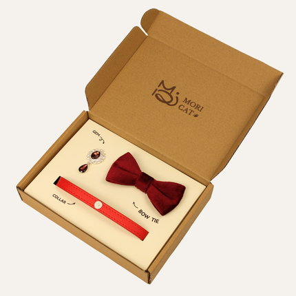 MoriCat Premium Gift Bundle Box with Teardrop Jewel in Ruby on Red Collar with Red Bowtie