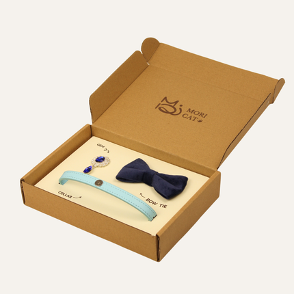 MoriCat Premium Gift Bundle Box with Teardrop Jewel in Sapphire on Blue Collar with Deep Blue Bowtie