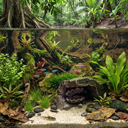 Aquarium Cave with Integrated Clam Shell Hide – 3D Printed Rock Texture Decor for Fish Tanks, Aquascapes, and Reptile Terrariums - "Hidden Shell" Model