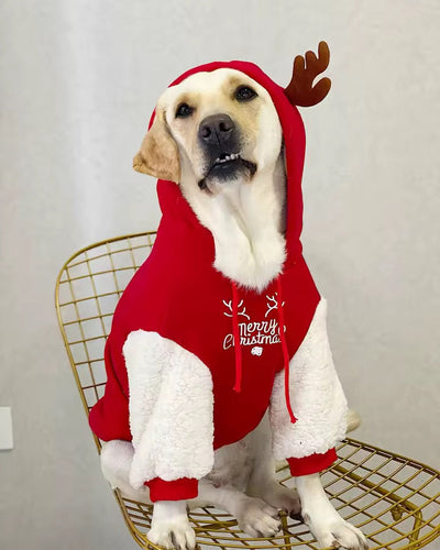 Doggie Haute Couture Merry Christmas Reindeer Dog Hoodie – Cozy Red & White Holiday Sweater