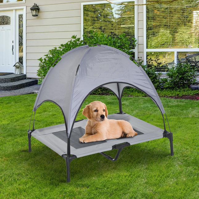 Dog lying on a gray pet cot with canopy.
