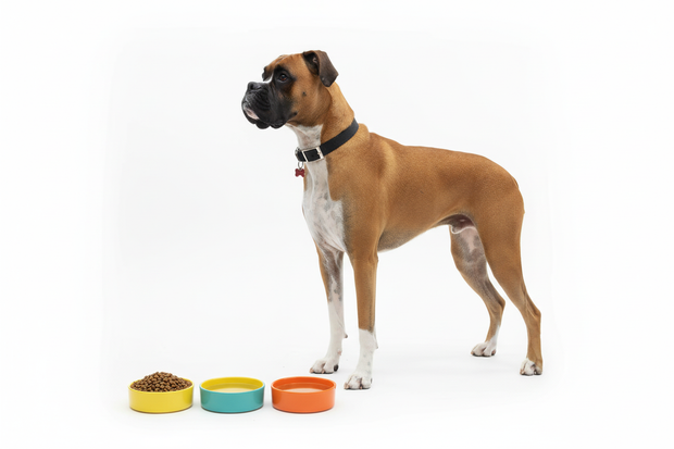 Your boxer with food bowls banner